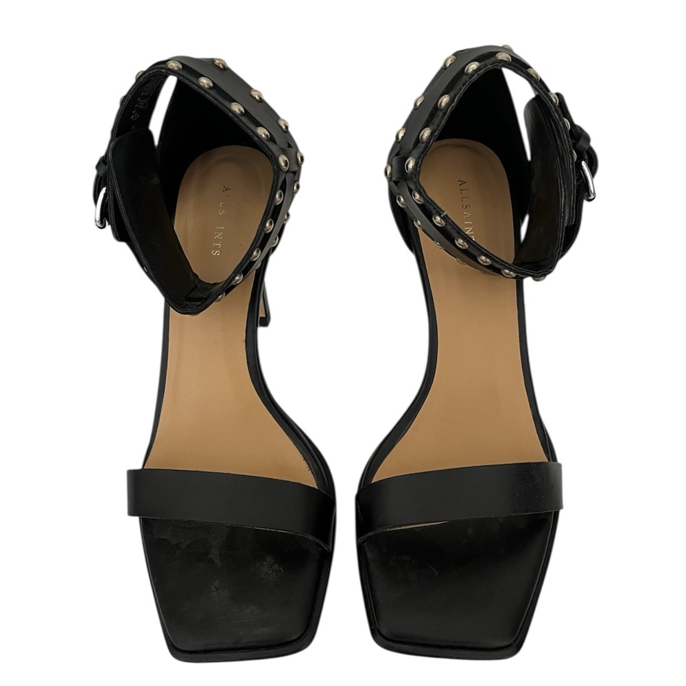 All Saints Alma Leather Studded Sandals Size 9 Black 4" Heels